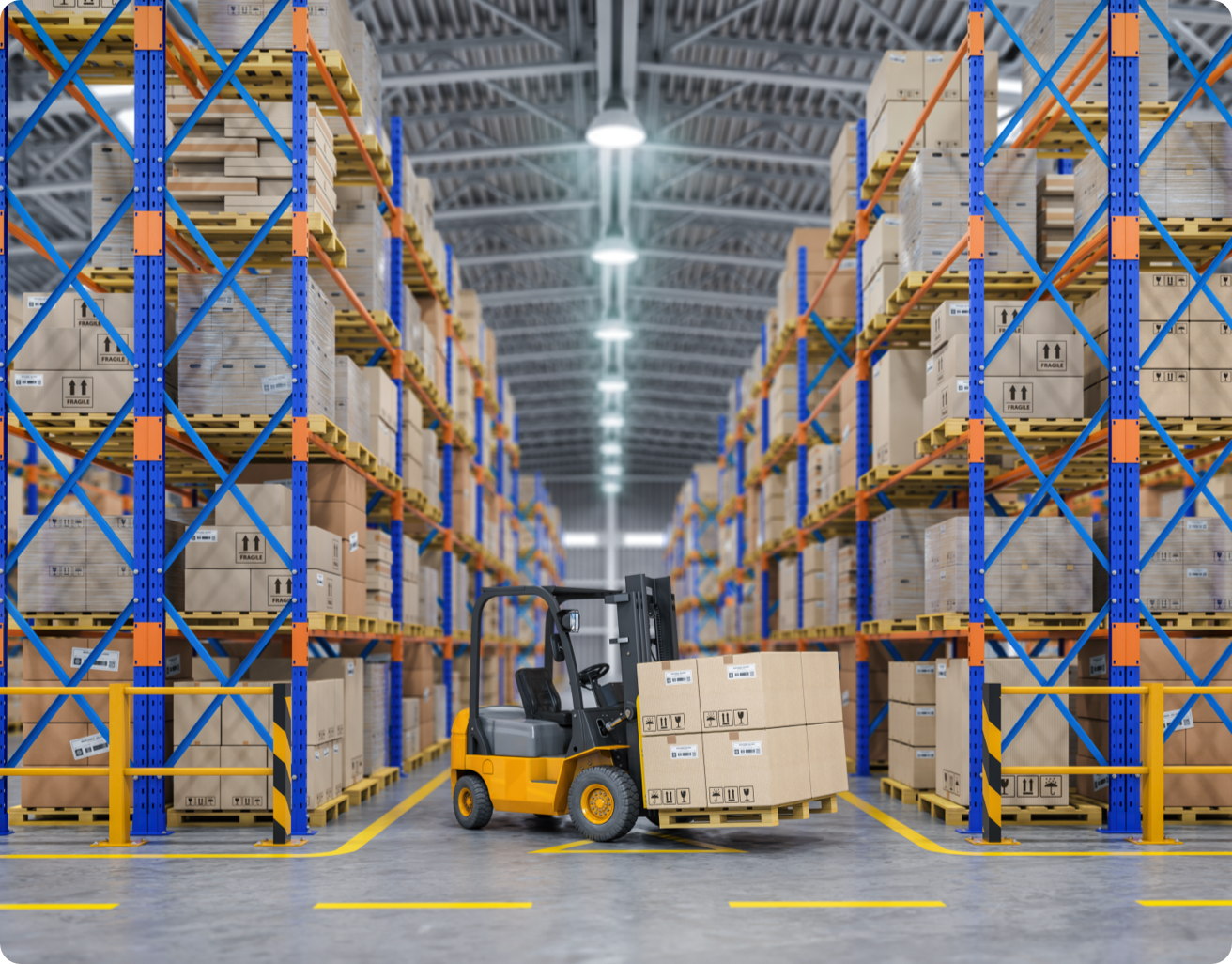 A forklift in a warehouse