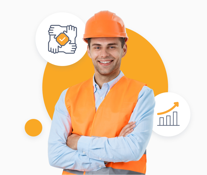 Man wearing orange construction vest and hat.