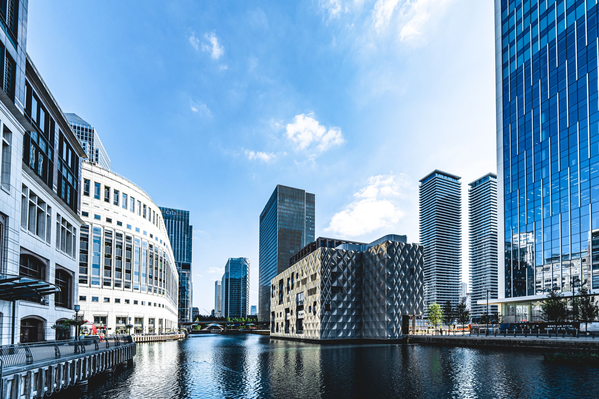 London waterway flowing trough office buildings.